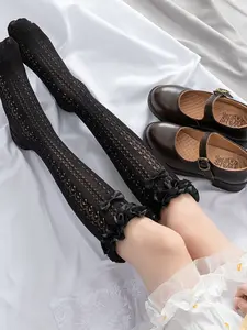 Lace Trim Mid-Calf Socks, Transparent Plaid Mesh Socks with Bow Decor, Women's Lolita and Pure Desire Style