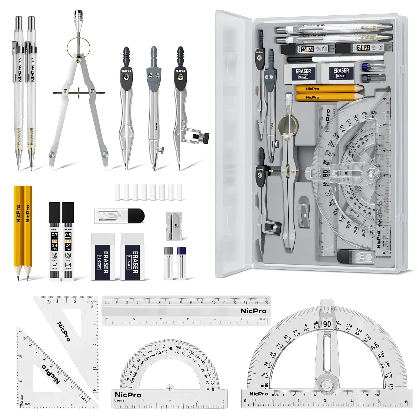 Nicpro 22-Piece Compact Portable Measuring Instrument Set with Case - Swing-Arm Protractor, Rulers, Metal Compass, Square Set, Mechanical Pencil for Back-to-School Design, Office Drafting Curves