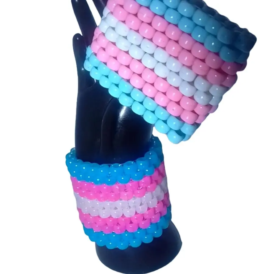 2 Trans Pride Kandi Cuffs-Glow and Blue-Pink-White EDC Kandi Bracelets-LGBT Pride- Upper Arm Band Handmade-To-Order