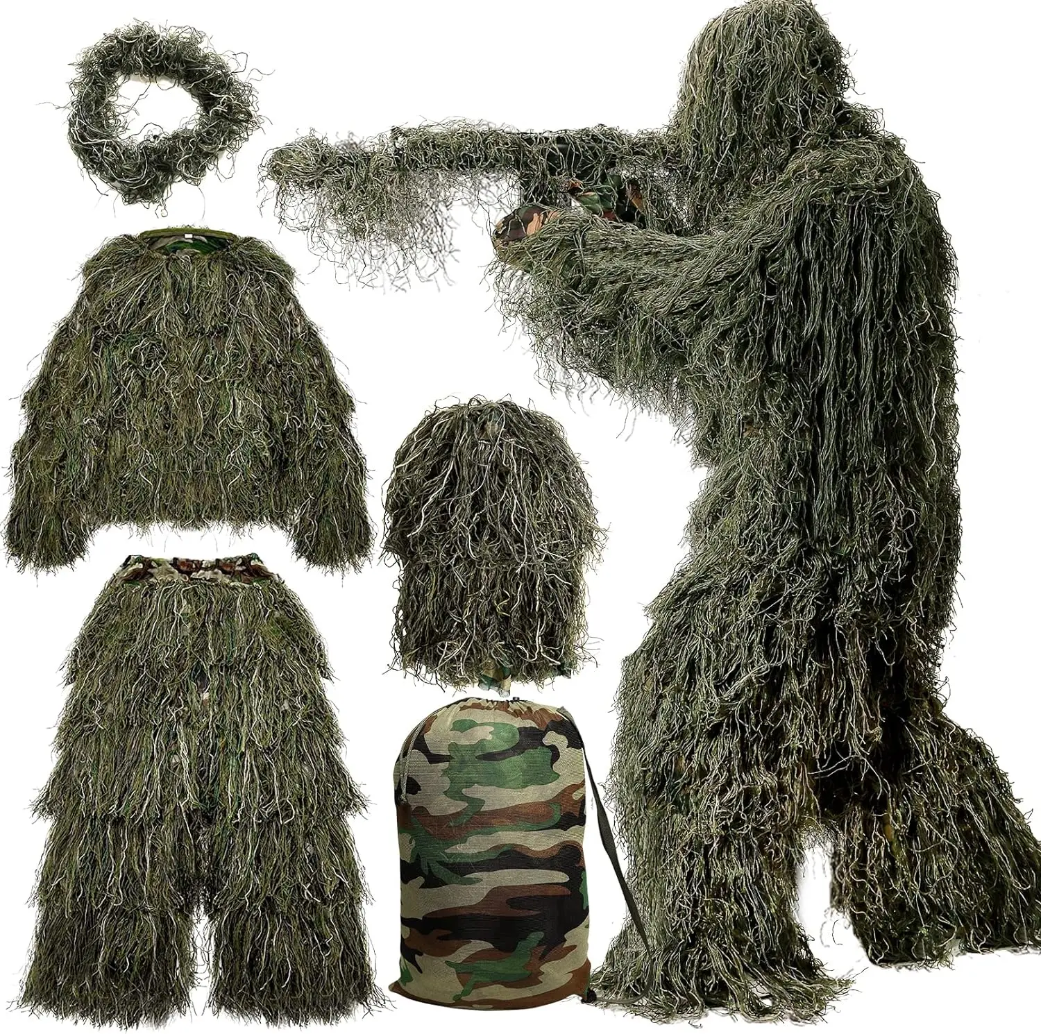 Lilypelle 5 in 1 Ghillie Suit, 3D Camouflage Hunting Apparel Including Jacket, Pants, Hood, Carry Bag Suitable for Unisex Adults (M/L/XL/XXL)