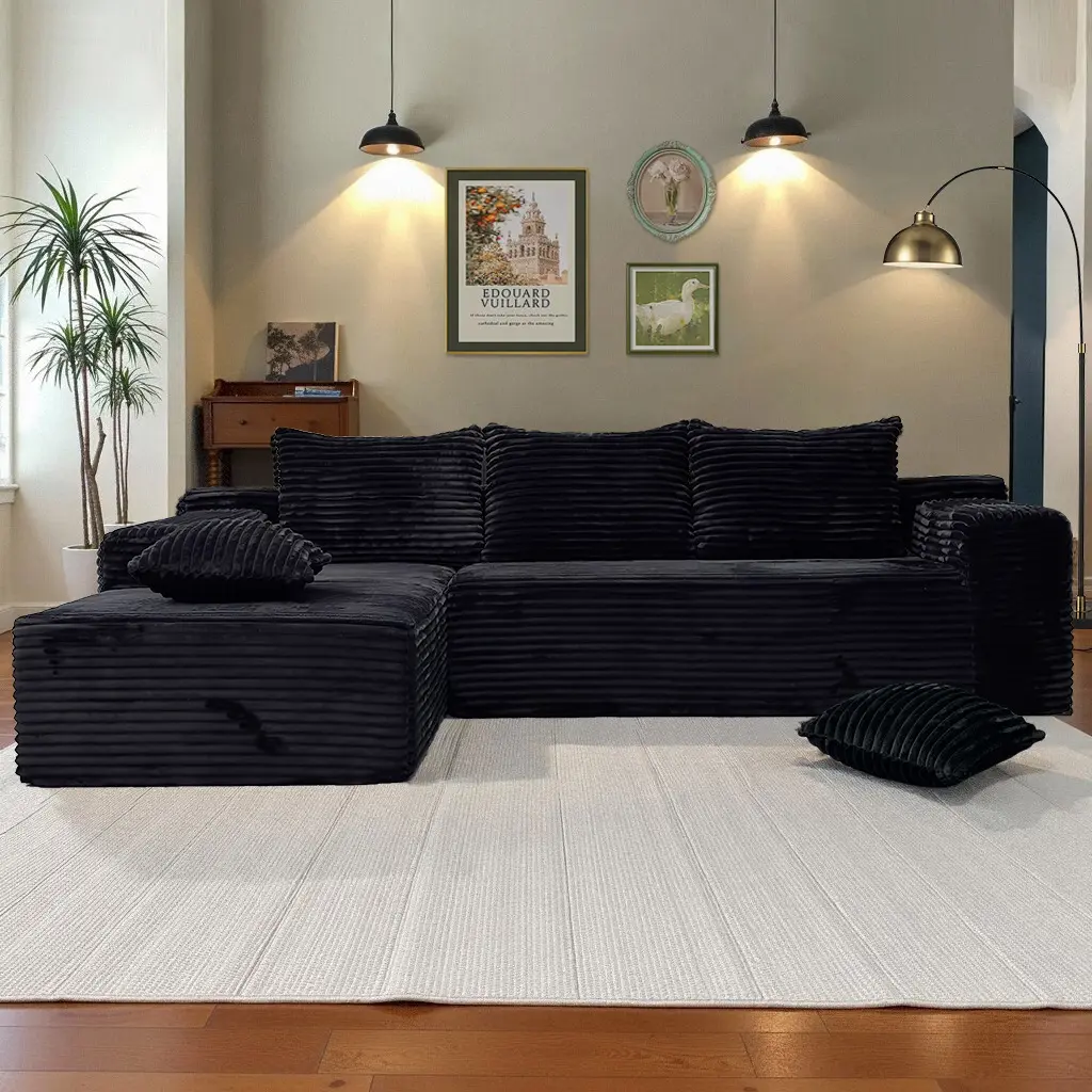 Cloud Sectional Couch with L-Shape Chaise Modern Modular Sofa Deep Seat Upholstered Right Facing Chaise for Living Room Bedroom No Assembly Required Black Corduroy Fabric