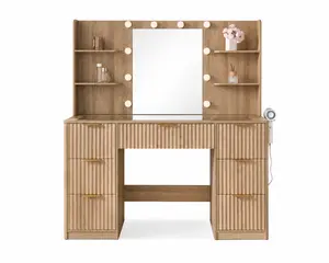 [MothersDayGift] #Summervibes AMERLIFE 36.2/47.2" Fluted Vanity Desk with Mirror and Adjustable LED Lights, Large 4/7 Drawers Makeup Table with Glass Top and Charging Station for Women and Girls, Bedroom or Dorm/Best Gift Ideas/Christmas Gifts