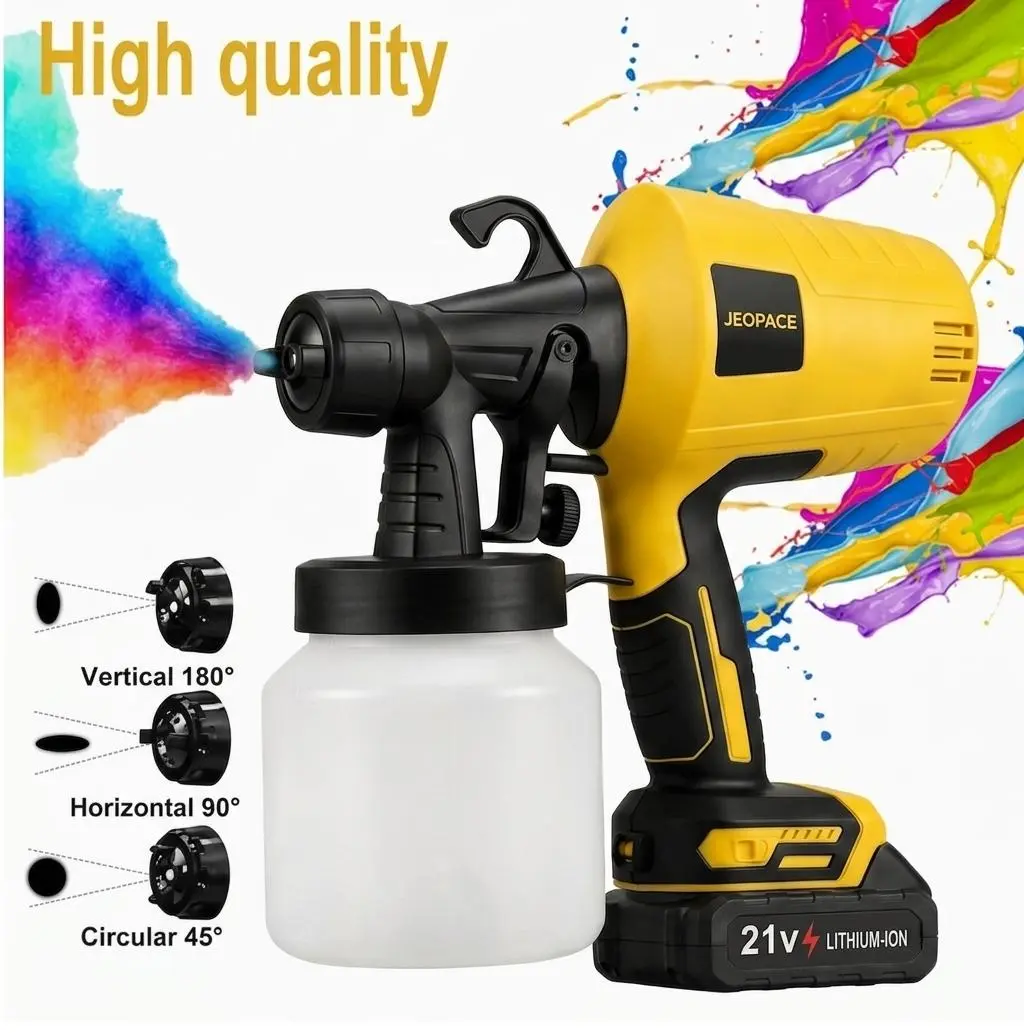 Cordless High-Power HVLP Electric Paint Sprayer Kit, 3 Spray Patterns, Adjustable Flow Control, 27.05oz Container, 2 x 21V Batteries for Furniture, Cabinet Renovation