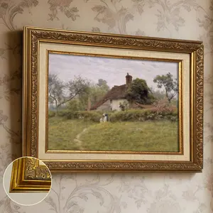 1 Count Vintage Gold Frame Canvas， Vintage Decoration Old Cottage And Countryside Flower Field Painting， Exquisite Fashion Home Decor， Suitable for Room Bedroom， Living Room， Corridor Wall Art， Gifts