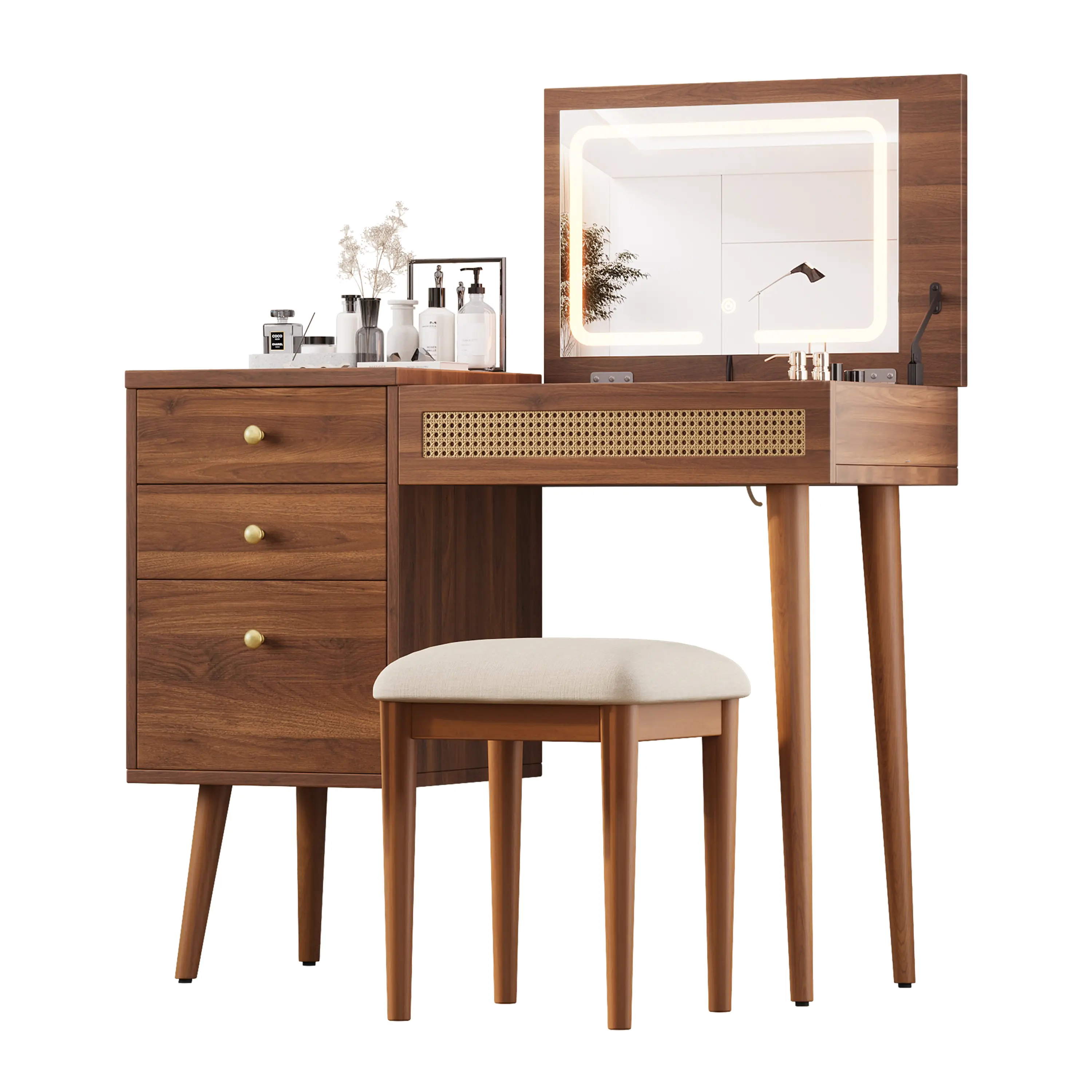 39" Retro Bohemian LED Vanity Table with Stool - Walnut Finish Makeup Dresser, Flip-Top LED Mirror, 3 Drawers, 10 Compartments, Storage Organization, Indoor Furniture, Multi-Use Laptop Desk