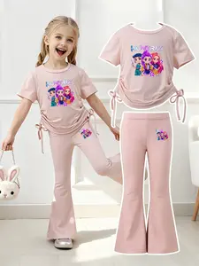 Summer Girls' Set Huntrix Anime Girl Group Pattern Cute Cool Style Home School Outdoor Play Drawstring Short Sleeve Flared Pants Two-Piece