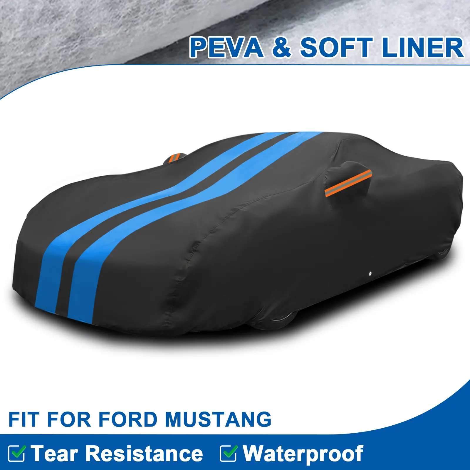 Custom Fit Car Protector Cover for Ford Mustang GT & Shelby - PEVA Fabric, Waterproof, All-Weather, Windproof, UV-Resistant, Soft Cotton Liner, Strap Secure, Elastic Edges, Outdoor Use, Reduces Accidental Bumps, Improves Visibility, with Storage Bag