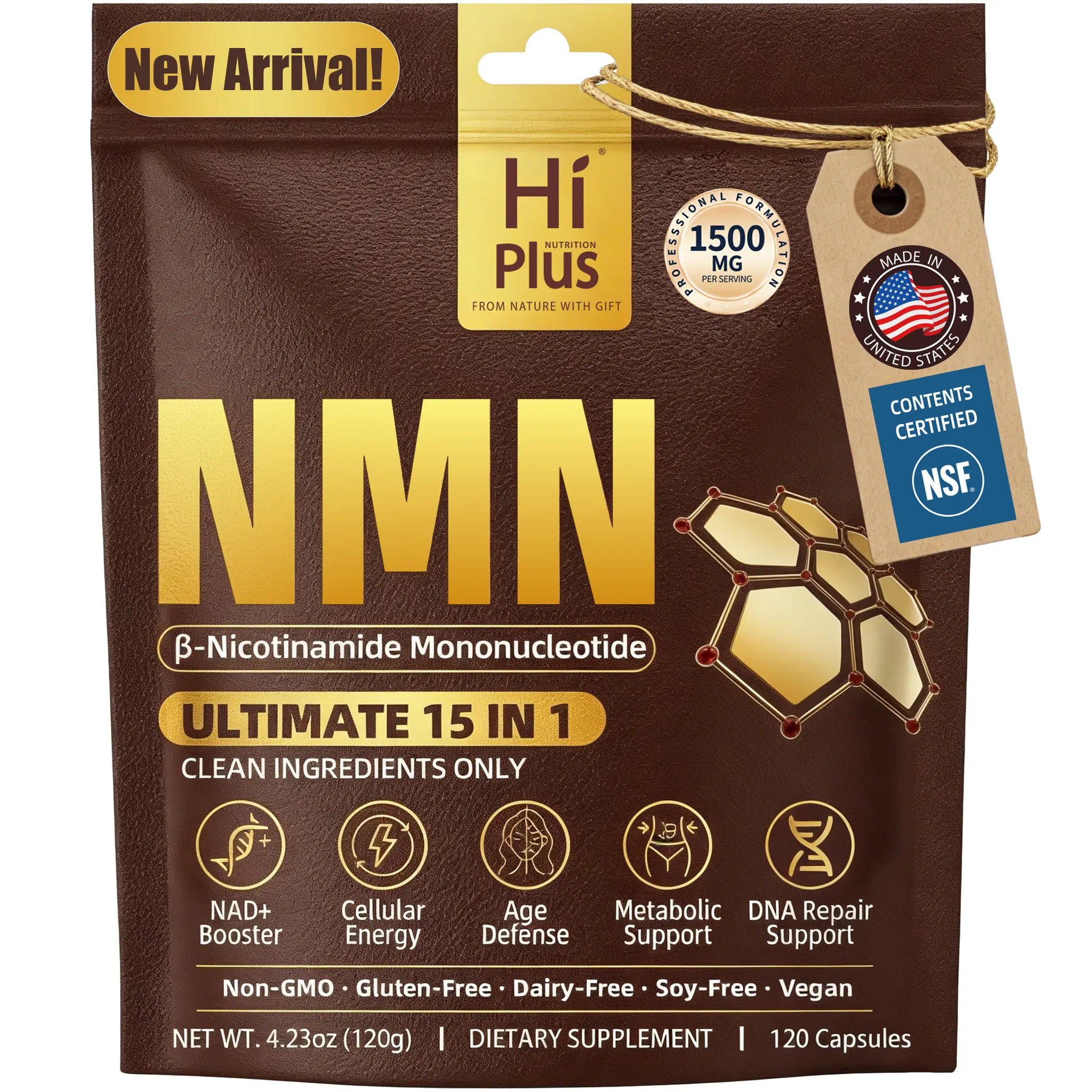 HiPlus NMN Complex 1,500mg Per Serving, 15-1 Complex,NMN 500mg with Vitamin C, TMG, CoQ10, Resveratrol, Quercetin, & Glutathione| Supports Cellular Energy & NAD+ Levels - Vitamin Dietary Supplement Healthcare