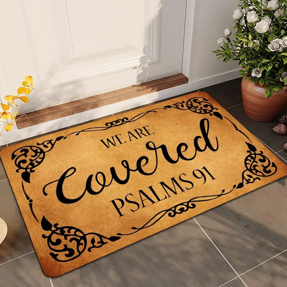 Front Door All-Weather Doormat, Biblical Verse Psalms 91 Non-Slip Waterproof Rubber Base Mat for Home Indoor Farmhouse Use