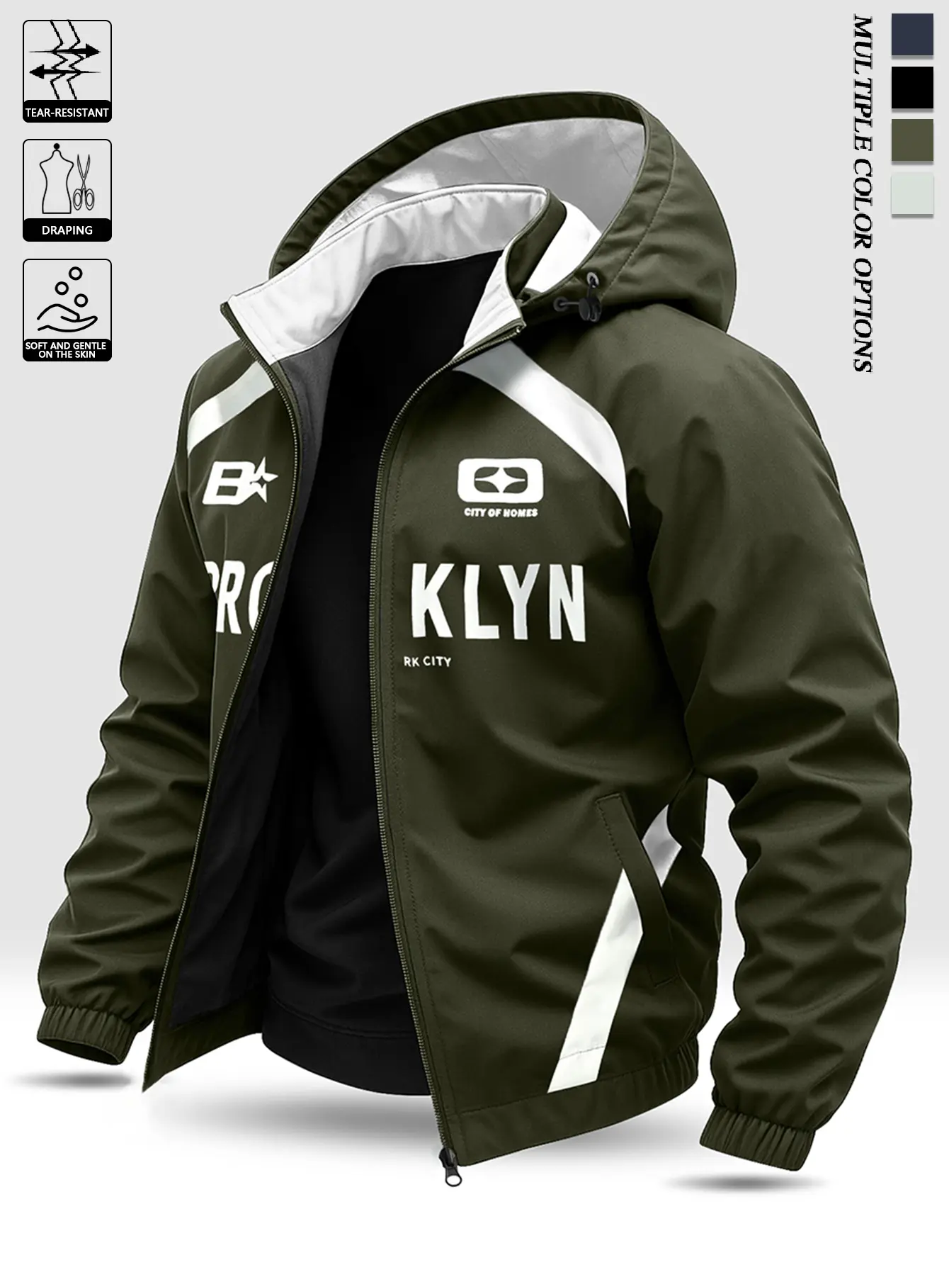 Men's casual hooded jacket with letter print, suitable for everyday outings, sports and fitness, outdoor fishing, mountain climbing, and can be worn throughout the year. Menswear Coats Tops Operator Long Sleeve durable surface Army Green