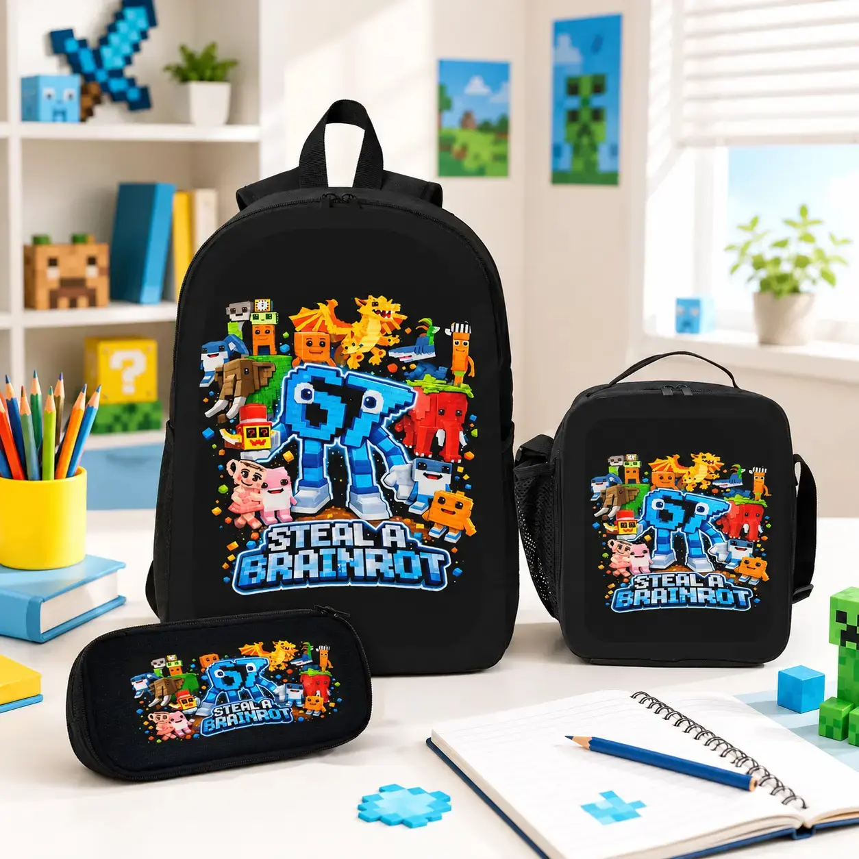 67 Six Seven Printed Backpack 3-Piece Set Includes Lunch Bag and Pen Case School Backpacks Travel Must-Have Back to School Graduation Gift