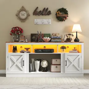 Farmhouse TV Stand for 70/75/80 Inch TV, 32”Tall Entertainment Center w/LED Light, Large Media Console Cabinet w/Barn Doors Adjustable Shelves for Living Room