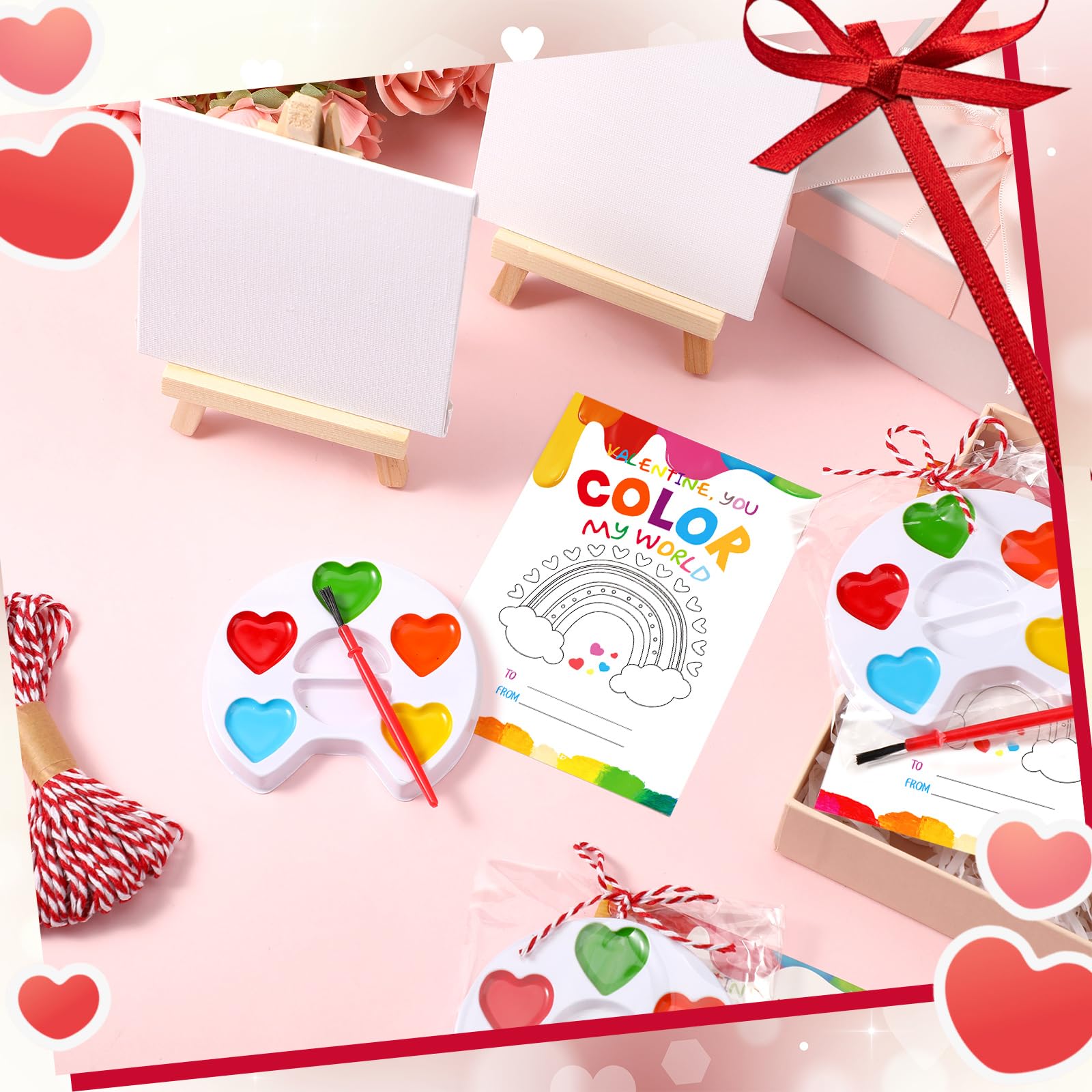 18/36 Pcs Mini Watercolor Paint Sets Valentines Day Gifts Bulk for Kids Valentines Cards Include watercolor Paint and Canvas Panel with Wooden Easel Brush Kit for School Classroom teacher students Holiday Gifts