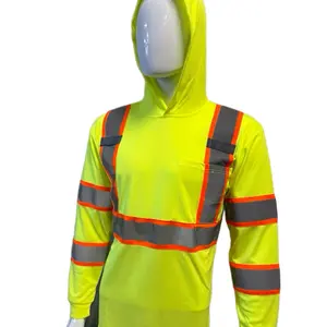 Hoodie long sleeve shirt safety high visibility double tone reflectors 100 percent polyester bird eye mesh