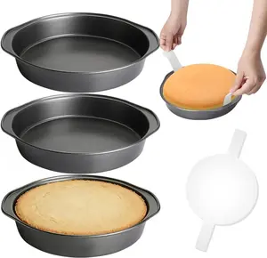 3PCS 8 Inch Carbon Steel Round Cake Pans with 100 PCS Parchment Paper Nonstick Flan Mold with Handle Dishwasher Safe