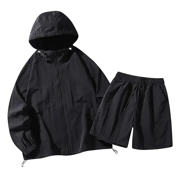 Men's Hooded Tracksuit Set, Lightweight Casual Sporty Jacket and Shorts for Outdoor Summer Wear with Sun Protection and Breathability, Casual Sporty Design, Outdoor Athletic Sportswear, Activewear Fitness Outfit, Polyamide, Regular, Sporty Set Keeps You R