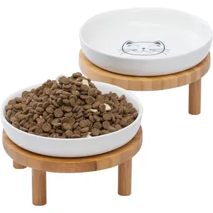 Shallow Elevated Cat Bowls,5.9 Inch Wide Raised Ceramic Cat Dishes with Bamboo Stand, Whisker Friendly Pet Water or Food Plates Feeding Station for Indoor Cats Kitten(White,Set of 2)