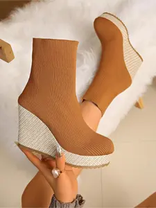 Thick-soled thin short boots for women 2025 new autumn and winter elastic small heel waterproof platform slim fashion boots