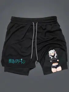 Men's Frierren Print Quick-Dry Drawstring Waist Shorts, Running Shorts, 2-In-1 Men Gifts,Graphic Shorts, All-Season Active Wear & Gym Essentials, Dry Fit Shorts