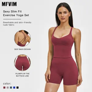 MFVIM Women's 2-Piece Athletic Yoga Set - Thin-Strap Cross-Back Tank Top, High-Waisted Slim-Fit Solid-Color High Waisted Sportswear for Workout, Sports Fitness Outfit Gym Clothing