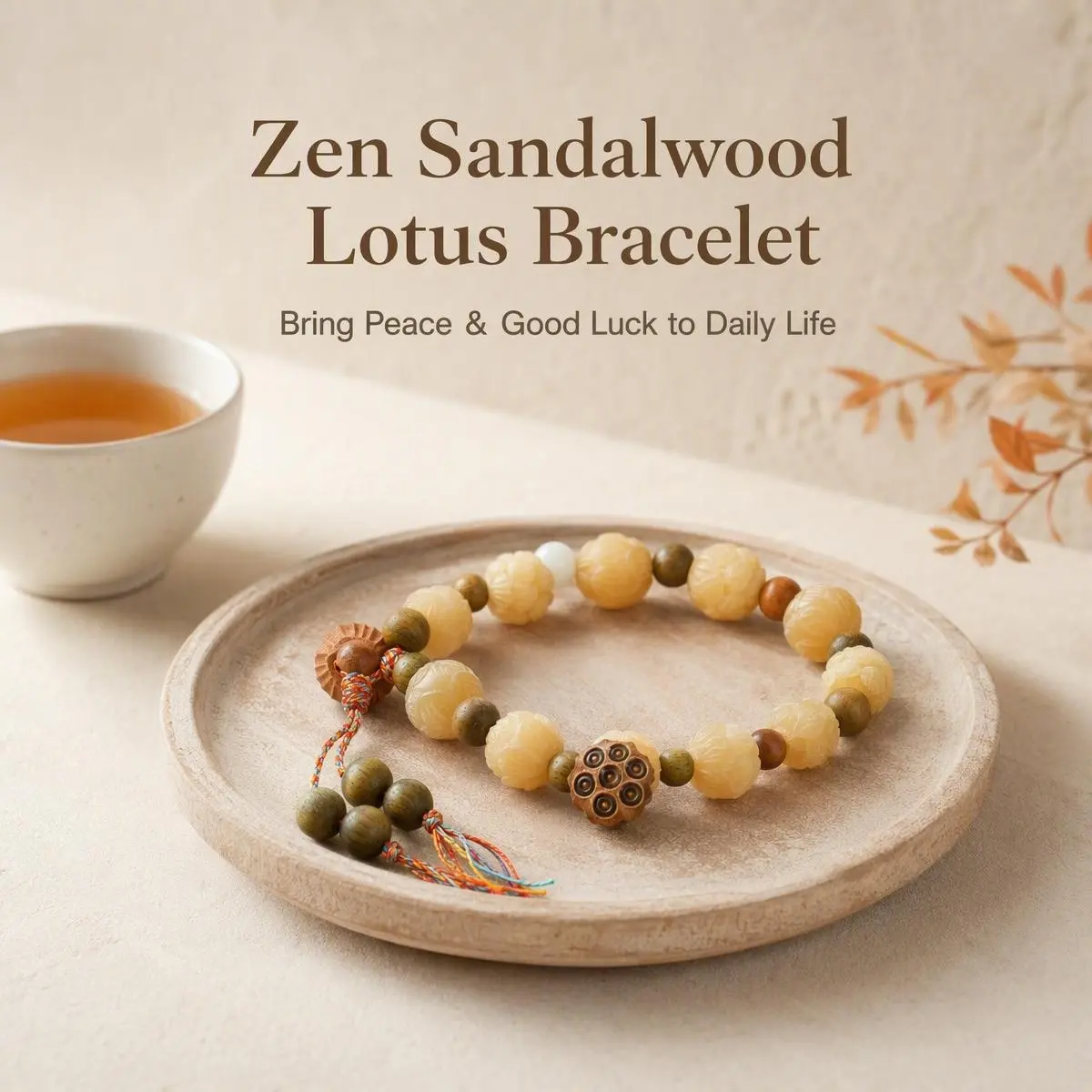 Handcrafted Lotus Pod Wisdom Bracelet - Organic Natural Woods Round Beads, Adjustable Size Lotus Motif Carved Prayer Beads, Multi-Color Tassel - Energy Shield for Mindful Meditation, Travel Essentials (Cultural Collectible Seal Carving Accent)