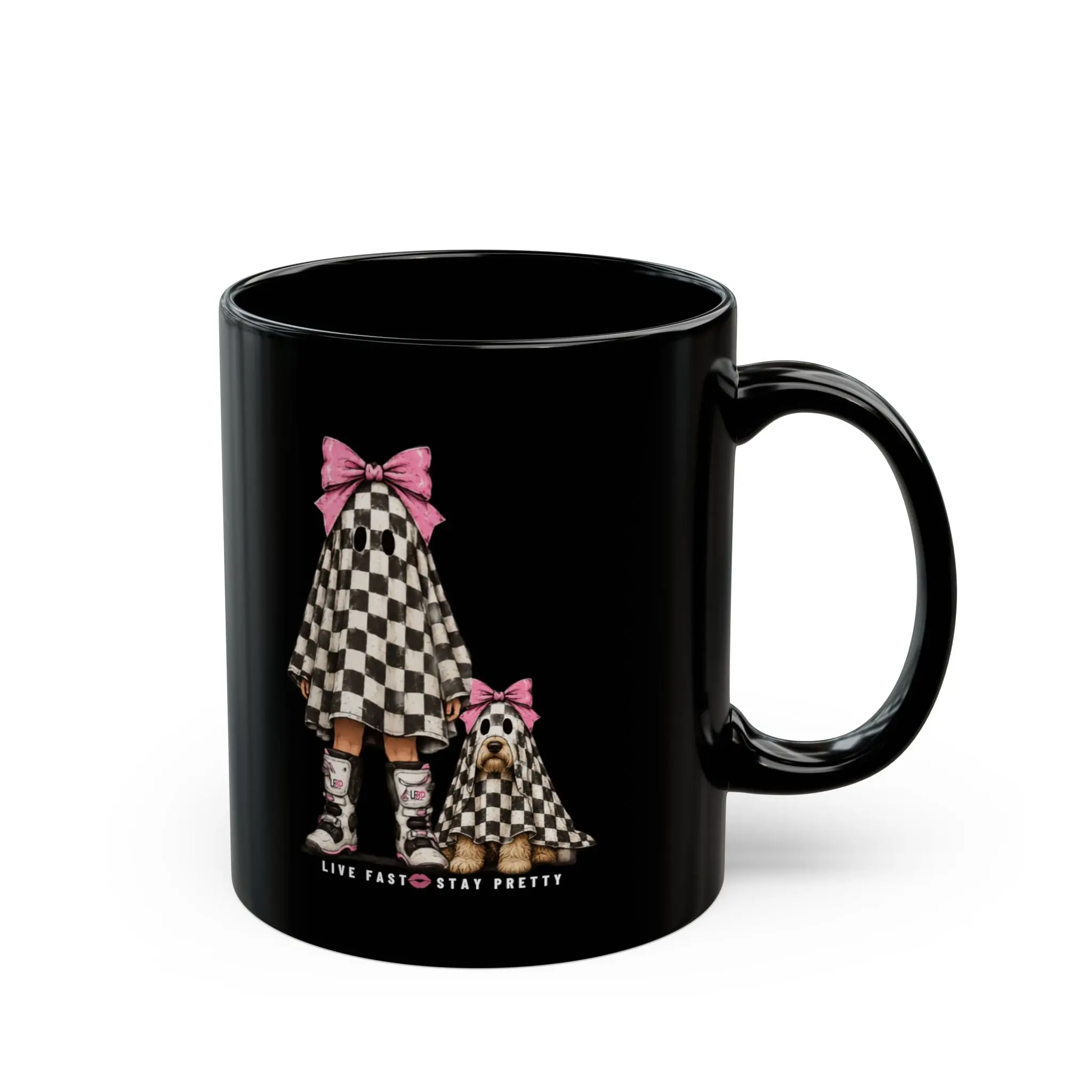 Checkerboard Ghost Girl & Puppy Ceramic Mug - Sturdy, Glossy, Stylish 11oz/15oz Drinkware for Tea