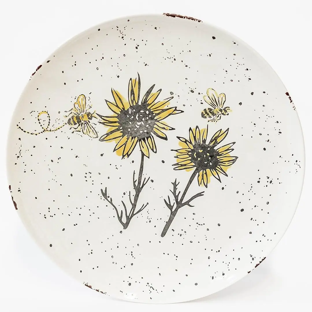 MDR Trading Inc. FP-WCJ-030Q01 Ceramic Plate - Speckled, Speckled Bees, Sunflower Motif for Table Service