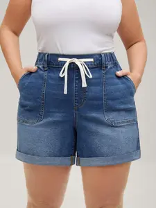 BLOOMCHIC Women's Plus Size Basic Elastic Waist Vintage Drawstring Denim Shorts, Stretchy Fit Lady Bottoms with Pocket, M-6X 2026 Summer Pick for Mom 2026 Summer Vibes Fit Womenswear
