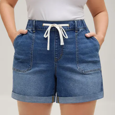 BloomChic Pull-On Folded Hem High-Rise Denim Shorts 【M-6XL】