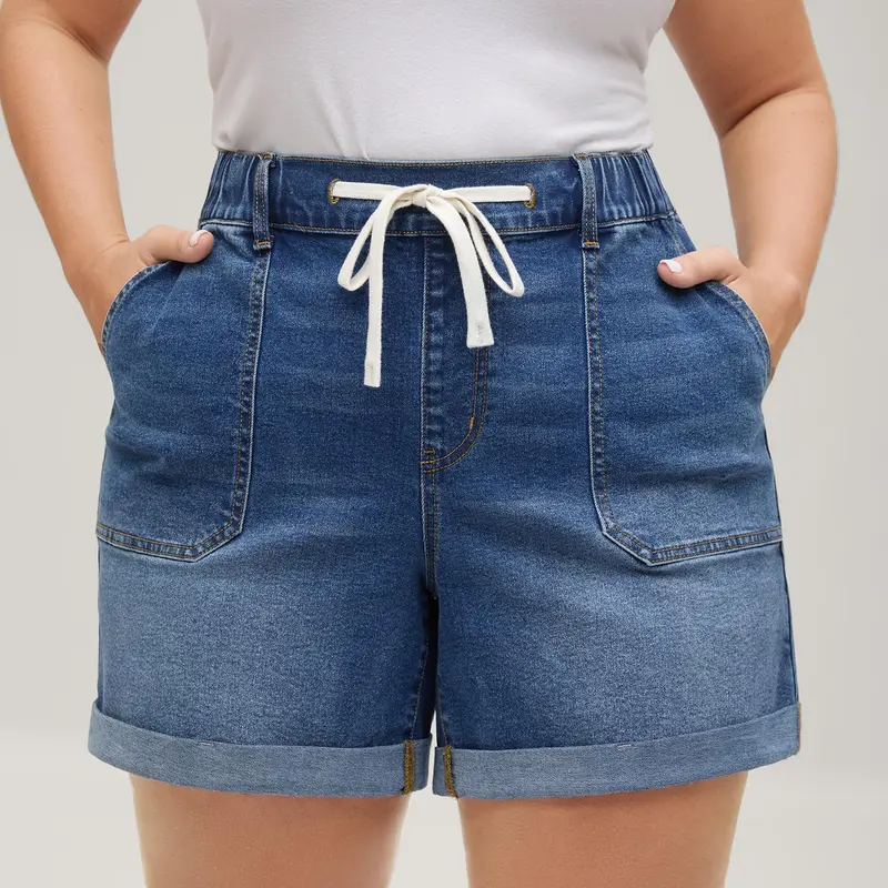 BloomChic Pull-On Folded Hem High-Rise Denim Shorts 【M-6XL】