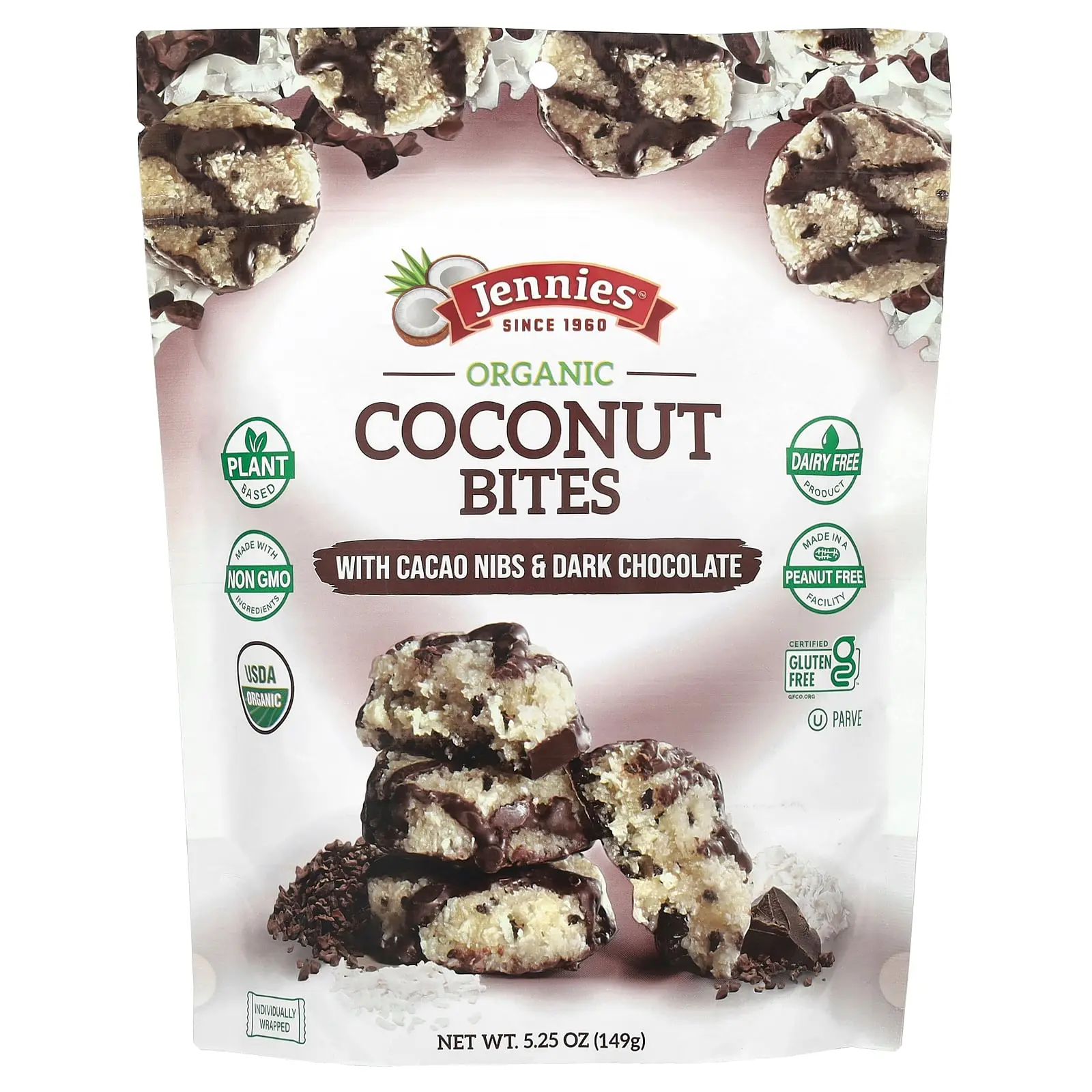 Jennies Macaroons Organic Coconut Bites, with Cacao Nibs & Dark Chocolate, 5.25 oz (149 g) Jennies Macaroons Organic Coconut Bites, with Cacao Nibs & Dark Chocolate, 5.25 oz (149 g)
