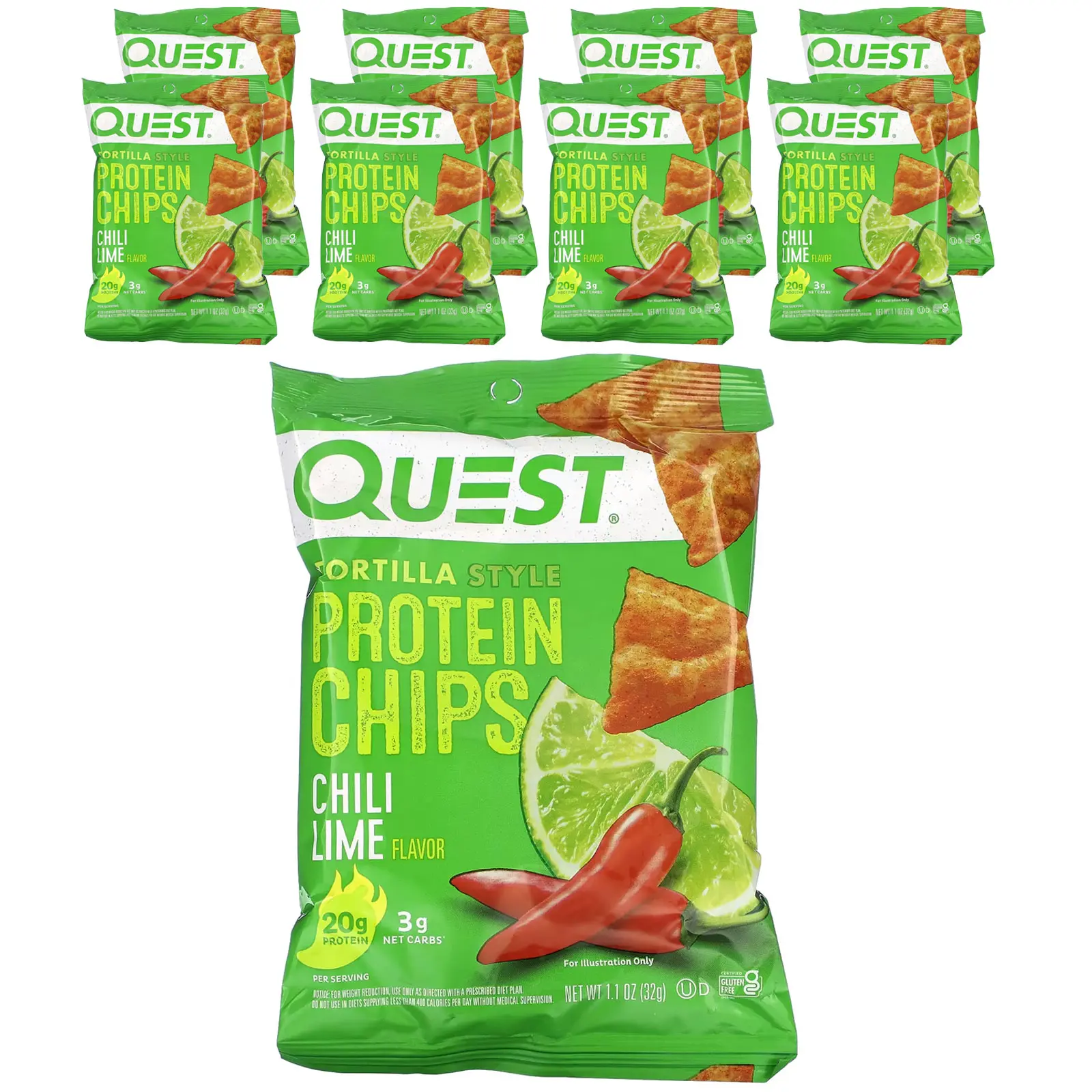 Quest Nutrition Tortilla Style Protein Chips, Chili Lime, 8 Bags, 1.1 oz (32 g) Each Quest Nutrition Tortilla Style Protein Chips, Chili Lime, 8 Bags, 1.1 oz (32 g) Each