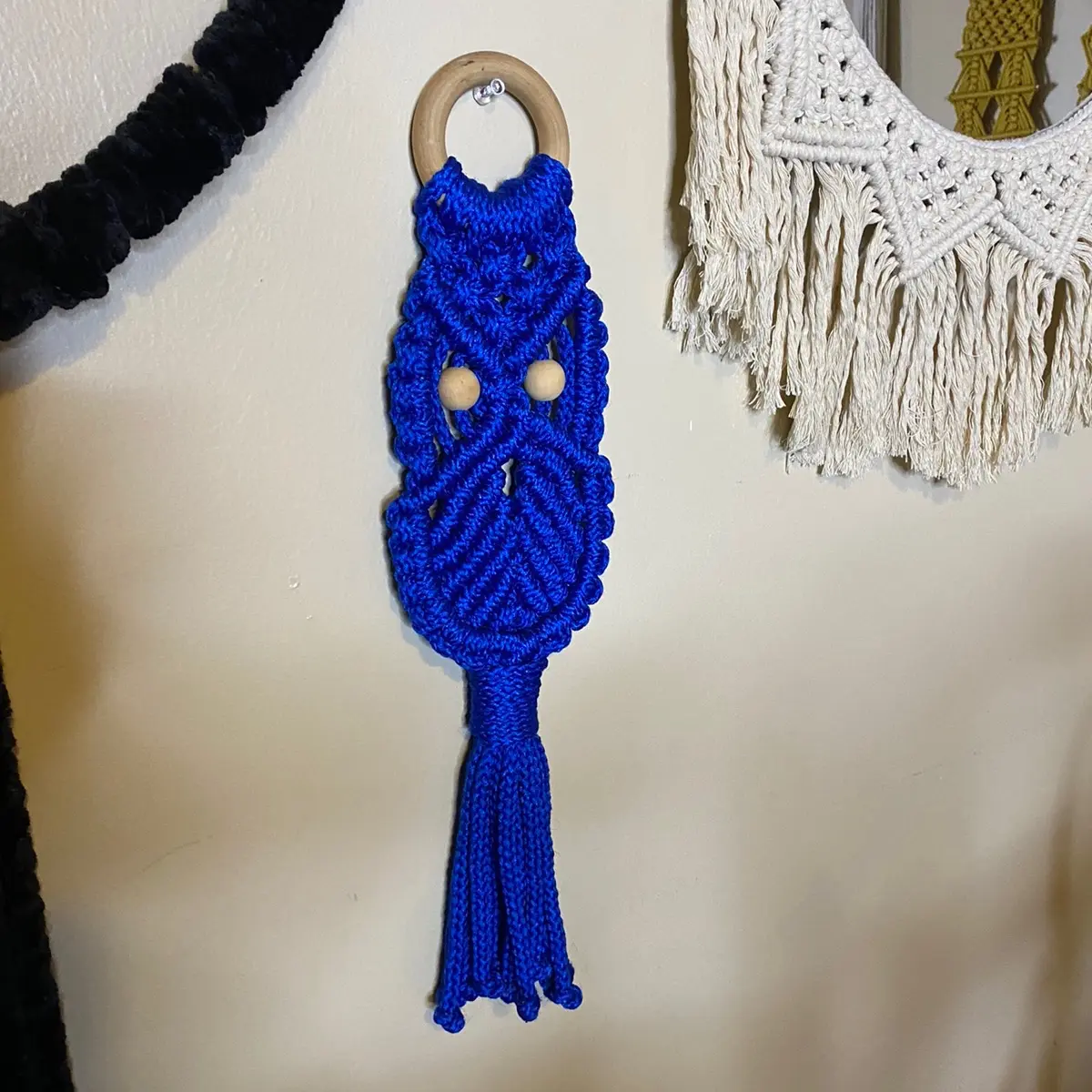 Handmade macrame wall hanging owl BLUE