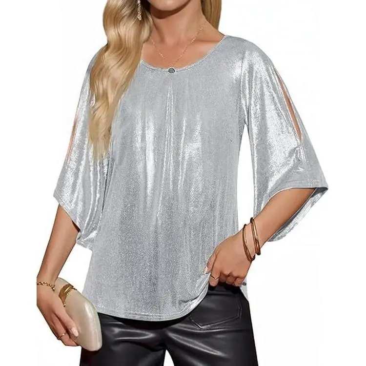 Yousify Women's Silver Polyester Elastane 3/4 Sleeve Tops Trendy Glitter Sparkly Pleated Blouse Casual Party Crewneck Loose Fit Shirts Minimalist Basic Womenswear
