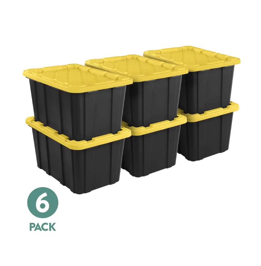 Sterilite 27 Gal Large Plastic Industrial Storage Bin with Snap-Fit Lid, Black and Yellow, 6 Pack
