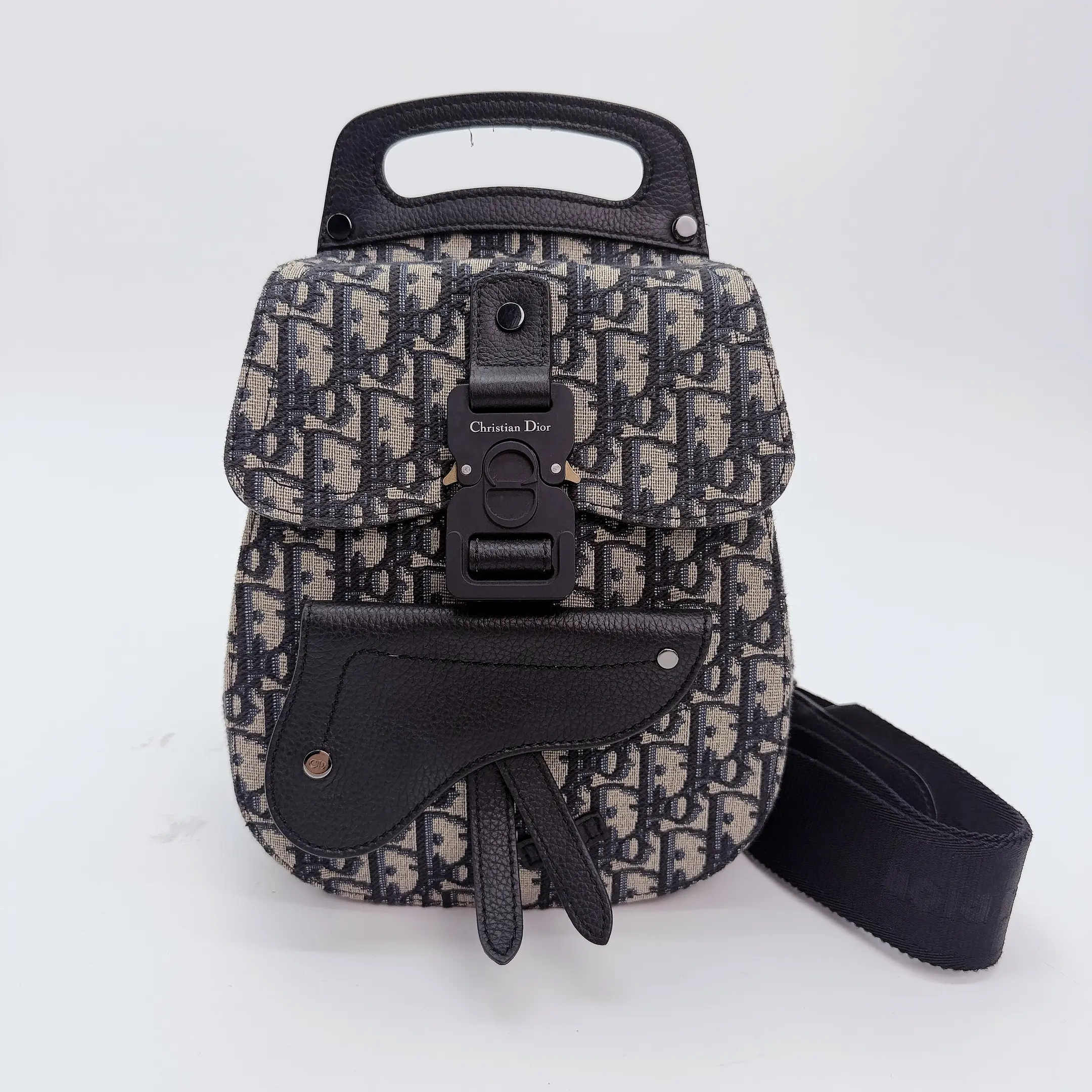 Pre-owned Dior canvas Backpacks Navy Blue Oblique and Leather Mini Saddle Backpack bag
