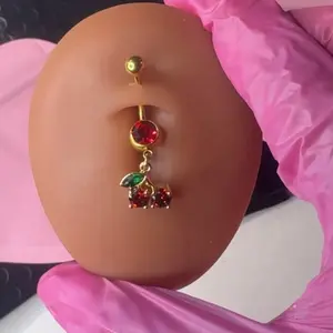 Gold Cherry Belly Ring - Stainless Steel Body Jewelry for Women (Hypoallergenic, Dainty Navel Piercing Accessory) Plated trendy accessories