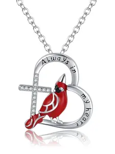 1 Piece Cross Cardinal Heart Bird Pendant Necklace, Stylish and Casual Cross Enamel Redbird Jewelry Gift for Women, Elegant Design for Daily Wear, Love Heart Necklace