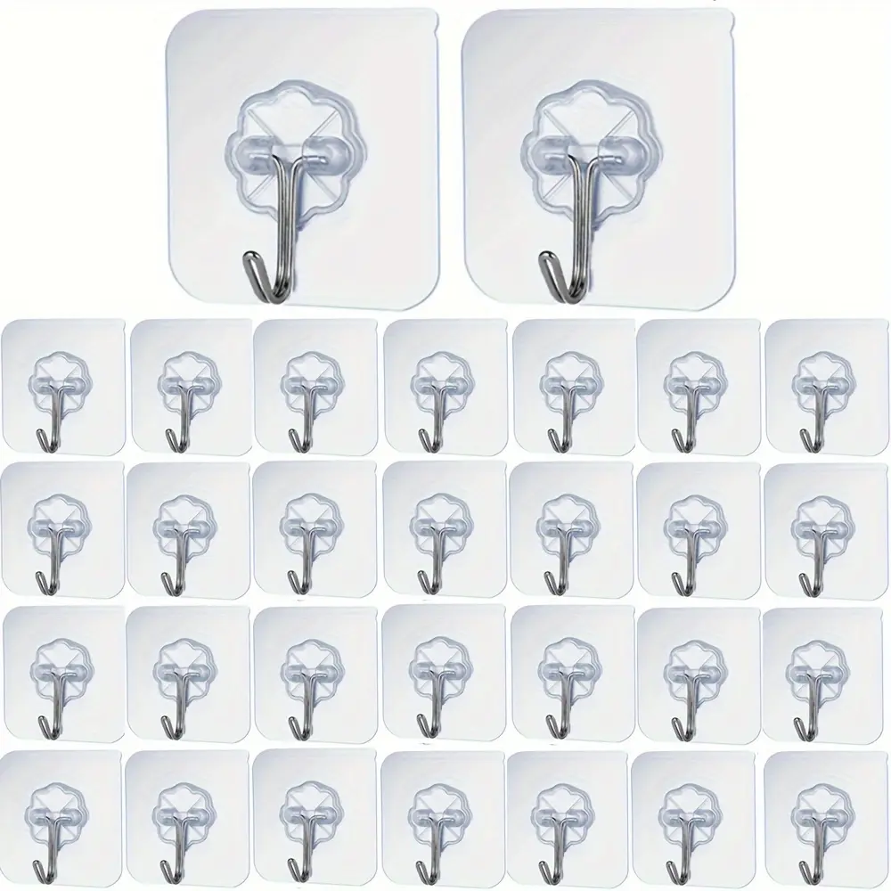 30pcs Clear No-Damage Adhesive Wall Hooks - Strong Hold, Nail-Free Installation for Picture Frames & Tiles, Multi-Surface Compatibility, Contemporary Style, Transparent Design, Utility Hooks