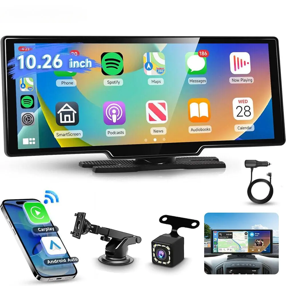 RIMOODY 10.26" 2K Portable Wireless Car Video Player, CarPlay Touchscreen Radio with Android Auto, FM Support and Rear Camera Compatibility