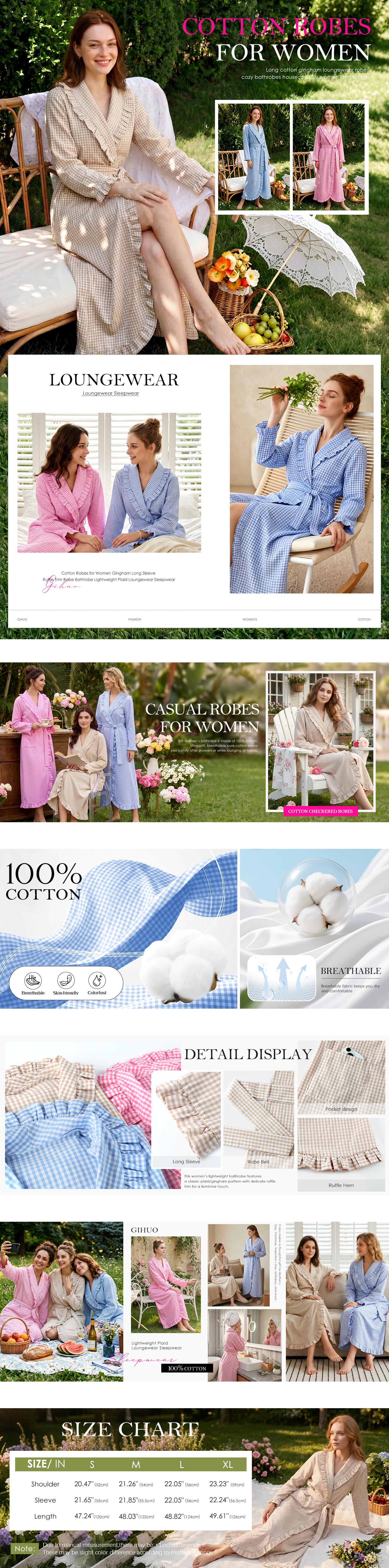 Cotton Robes for Women Gingham Long Sleeve Ruffle Trim Robe Bathrobe Lightweight Plaid Loungewear Sleepwear