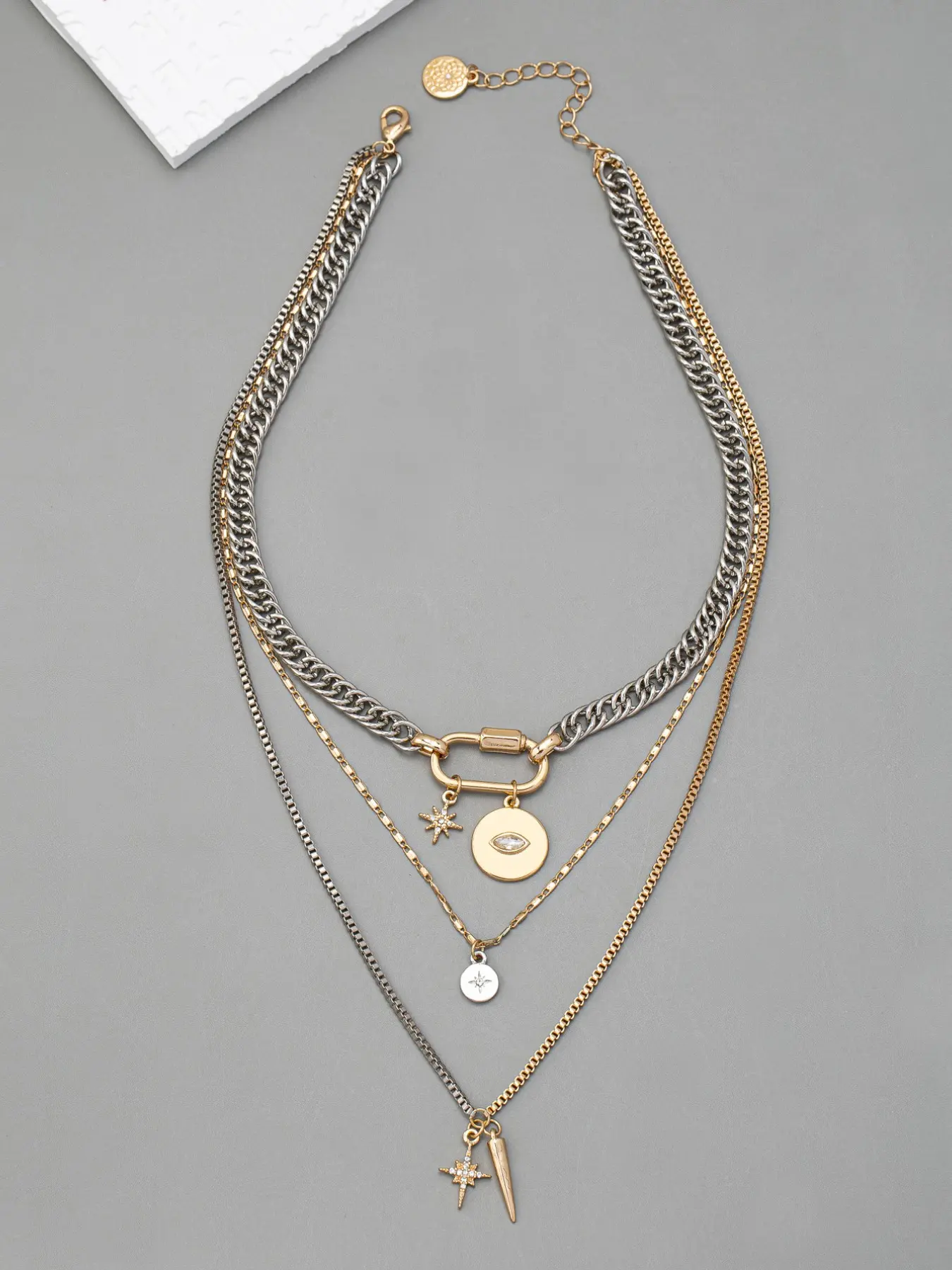 Metal gold and silver two-color multi-layer necklace, Fashion accessory necklace, Cuban link necklace, personalized eye pendant stacking necklace for women, suitable for daily wear, and a gift for Teacher's