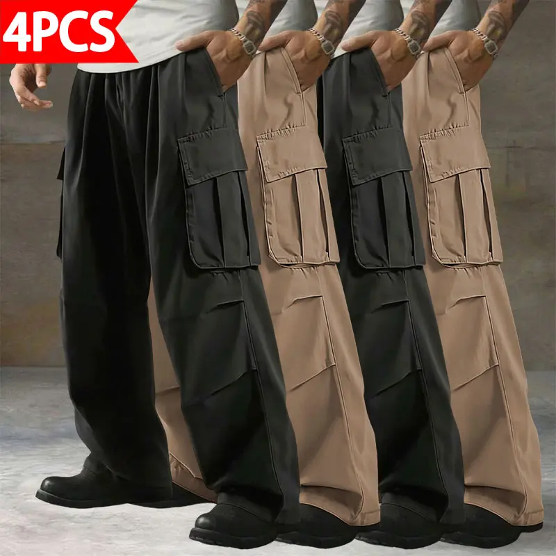 Men’s cargo pants, 4-pack — breathable, wear-resistant fabric suitable for outdoor work, mountaineering/hiking, and everyday casual streetwear; comfortable and durable, practical year-round., Menswear, Black + Black + Khaki + Khaki, Trouser, Mid Waist,sum