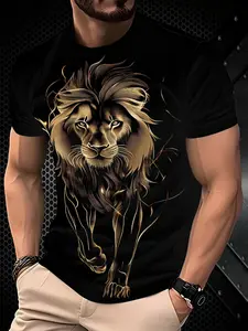 Men's Lion King Print Crewneck Short Sleeve T-Shirt, Casual Fitted Graphic Top, Slim Fit Fashion Piece, All Seasons Wear