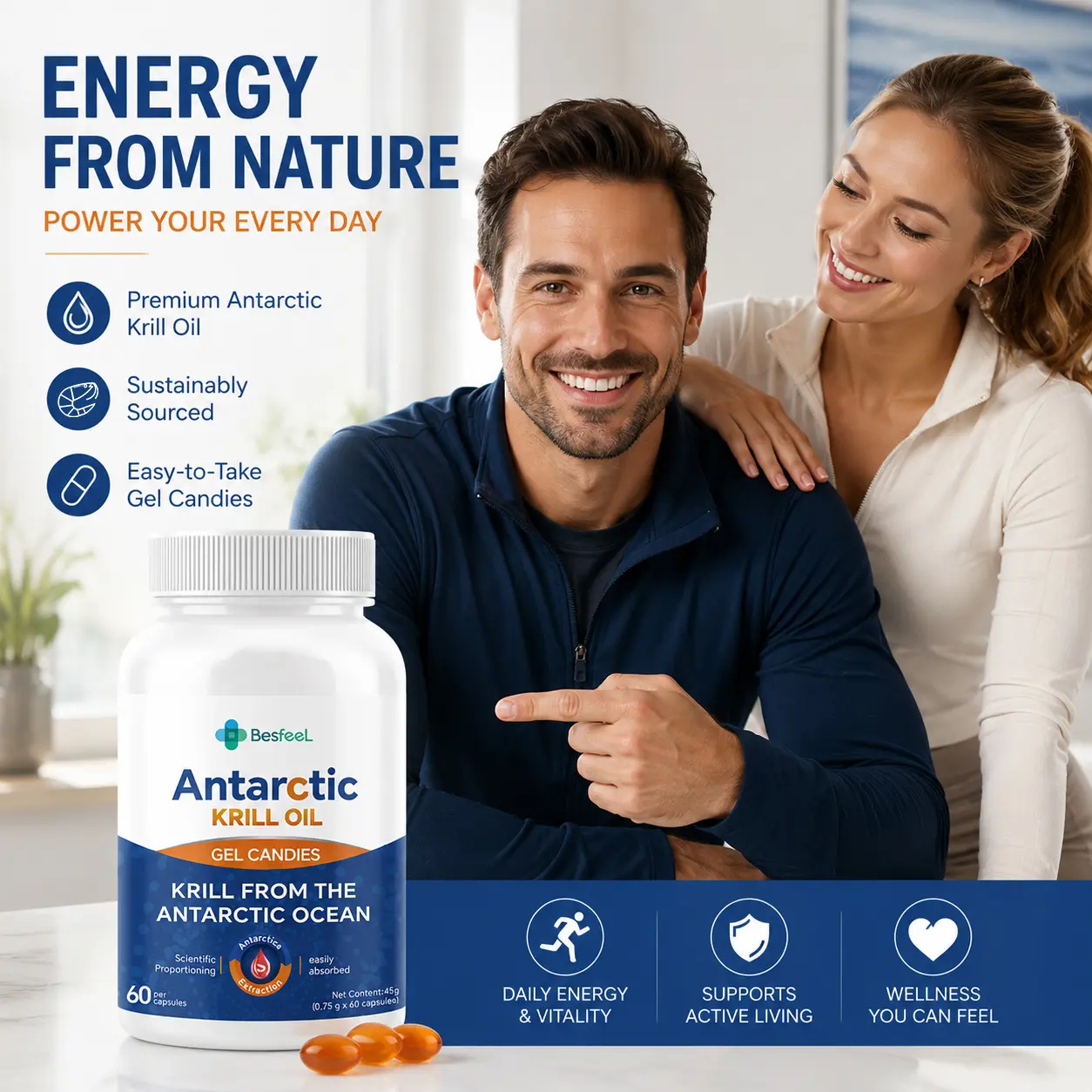 A must-have for men! Nutritional supplement  Made with high levels of Antarctic krill oil, safe ingredients, boosts energy.