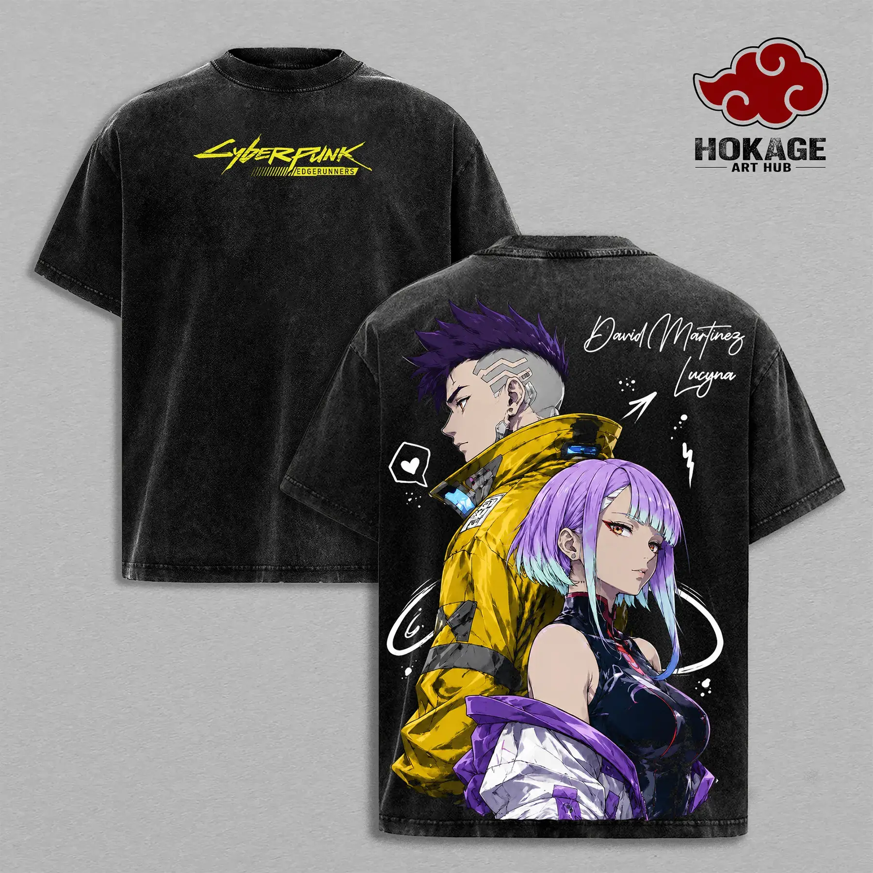 Cyberpunk Edgerunners David & Lucy Vintage Washed Graphic Tee | Heavy Cotton Oversized Anime Streetwear Shirt For Men | 90s Retro Double Printed Unisex Casual Short Sleeve Tops | Gym Pump Cover & Ultimate Gift For Cyberpunk Fans | American Casual Y2K Tee