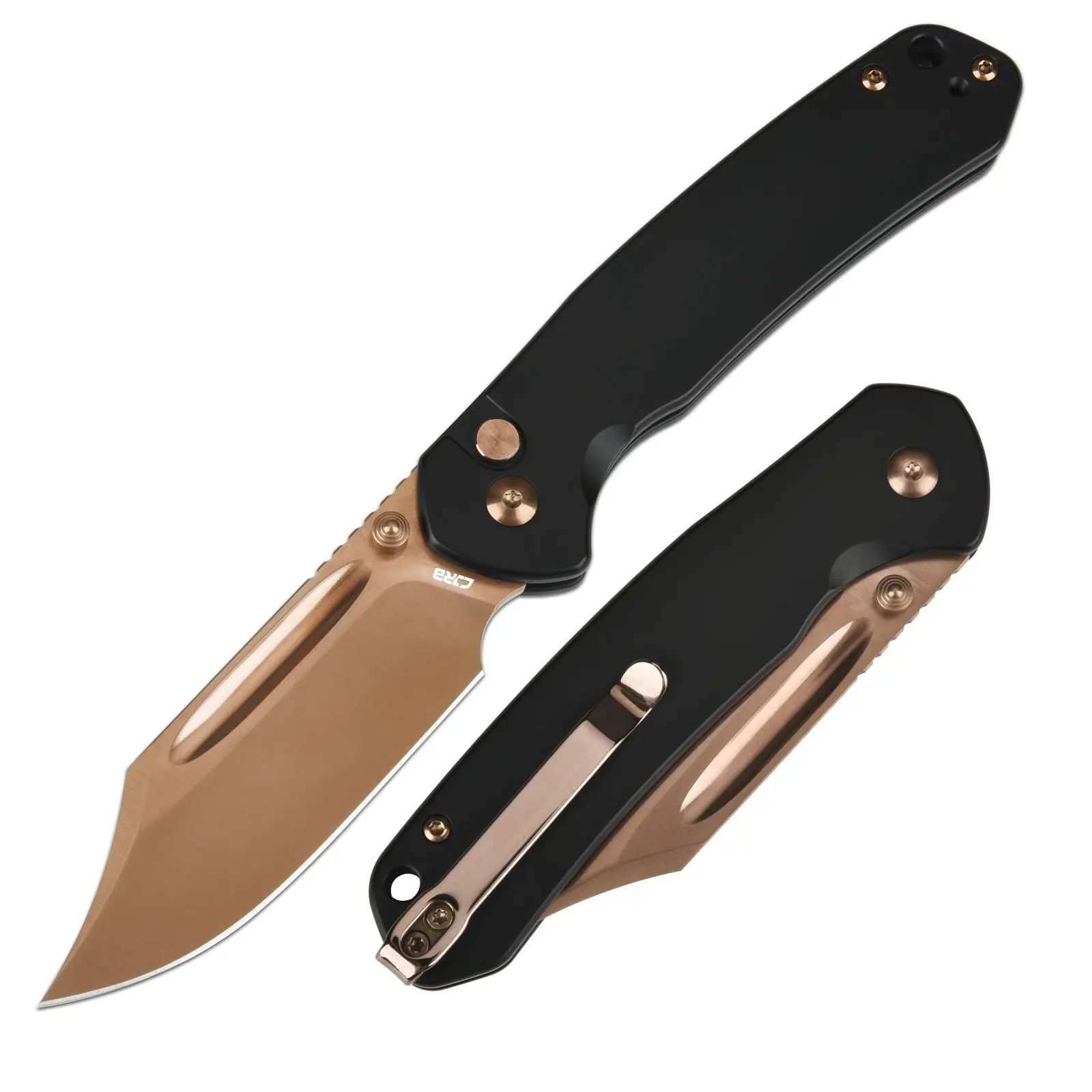 CJRB Bowie Pyrite Pocket Tool Knife, EDC Knife with 3.15'' AR-RPM9 Steel, Hunting Knife with Steel Handle for Camping and Emergency Survival Gear