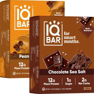 IQBAR Chocolate Sea Salt & Peanut Butter Chip (24 Bars) - Brain and Body Plant Protein Bars - 12 Count, Low Carb, High Fiber, Gluten Free, Vegan Snacks - Low Sugar Keto Energy Bars