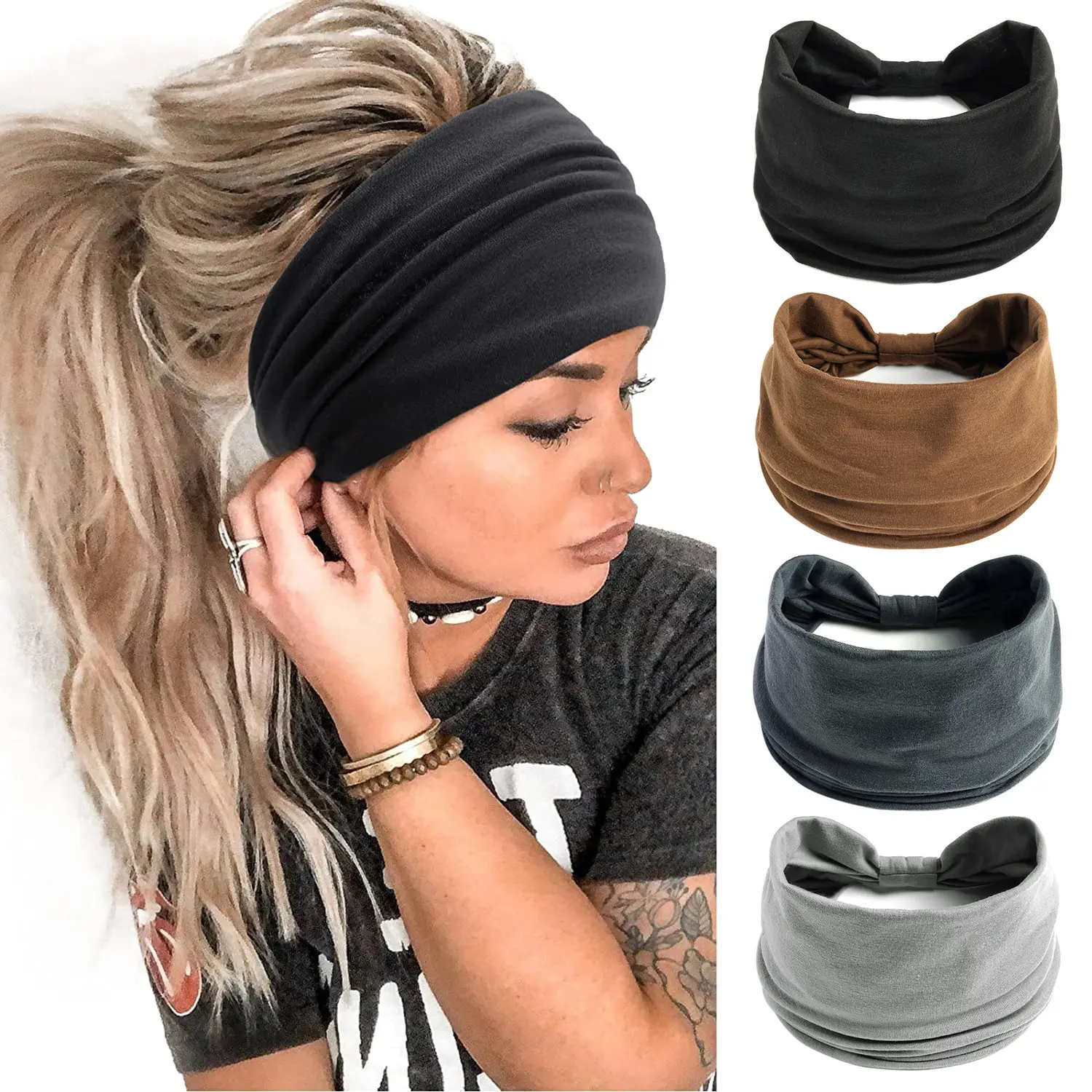 Women's Wide Mixed-Print Bohemian Headbands 4-Pack, Elastic Fabric Sweatbands for Adults' Yoga/Running, Workout Hair Accessories, Boho Hair