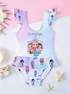 Girls' Huntrx Cartoon One-Piece Swimsuit, Swimming Suit, 3D Gradient, Ruffle Bikini Swimwear, Best Birthday Gift for Girls, Toddler Swimsuit